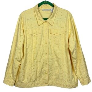Appleseeds Jacket Shacket Womens 1X Plus Cotton Yellow Floral Eyelet Cottagecore